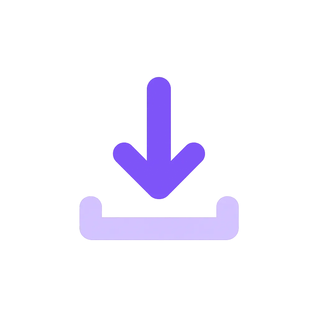 Purple flat icon with a downward arrow and a download tray, representing instant file download.